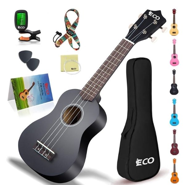 A beginner-friendly soprano ukulele kit with accessories, an inviting start for aspiring musicians.