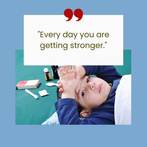 A child resting in a medical setting with encouraging words showcases inspirational quotes for sick kids.