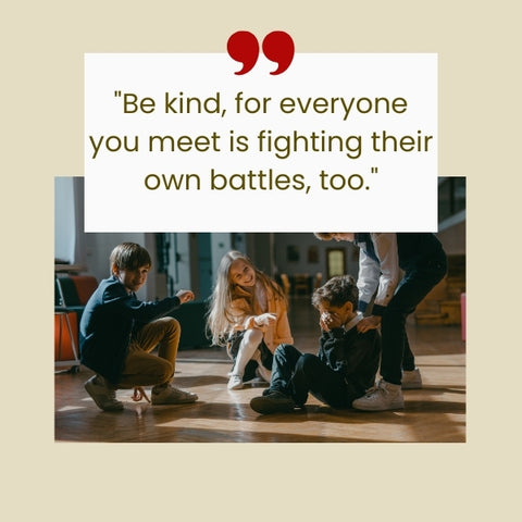 Children comforting one another in a classroom with an inspirational quote for young kids about kindness.