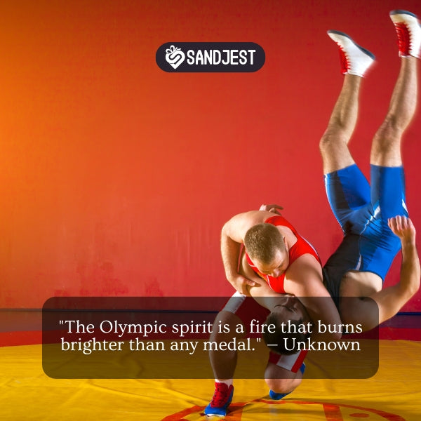 Olympic rings surrounded by inspiring quotes for wrestling, motivating athletes to reach greatness.