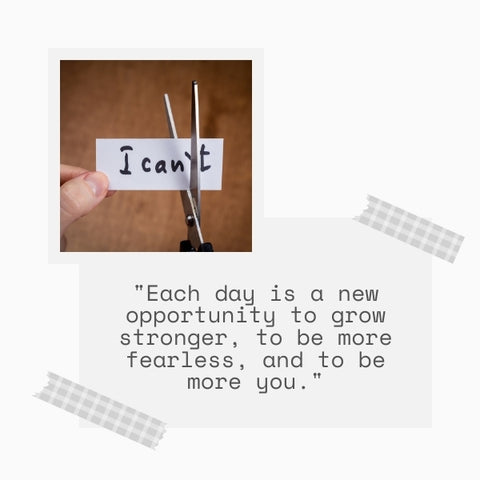 A paper cutout saying 'I can't' being snipped, illustrating self motivation quotes for women overcoming doubts.