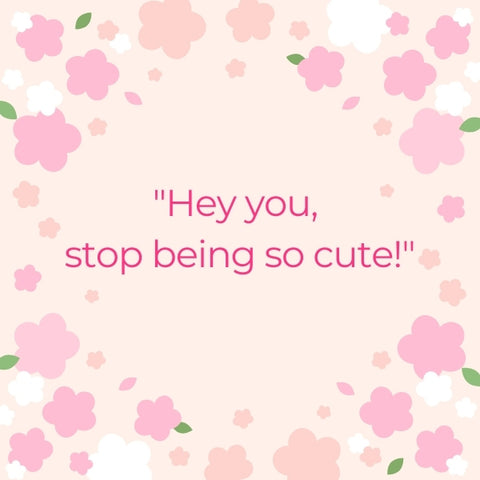 A delightful image with a short flirty quote encouraging someone to stop being cute.