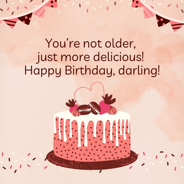 A whimsical birthday card with funny birthday wishes for wife featuring a playful cake.