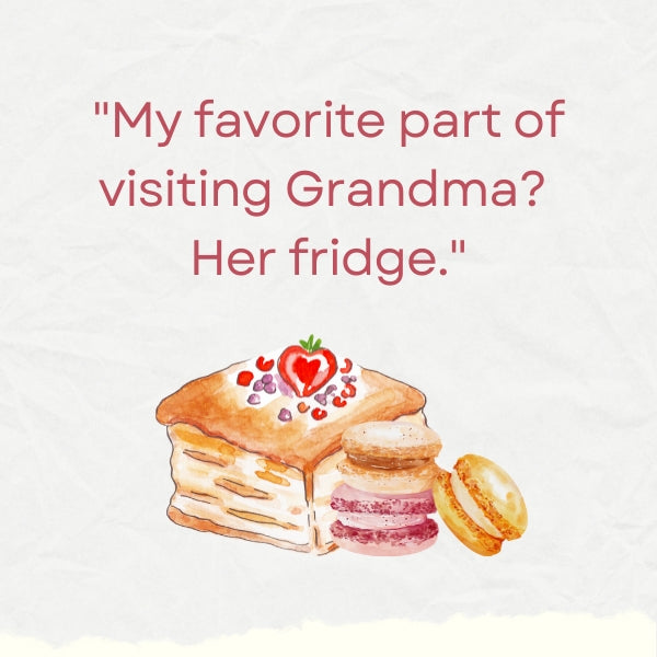 An endearing cartoon of a grandmother baked cake and treated to highlighting the funny realities of visiting grandparents.