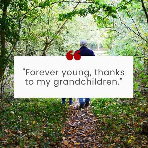 A grandparent walking with a child in nature, accompanied by a short grandchild quote