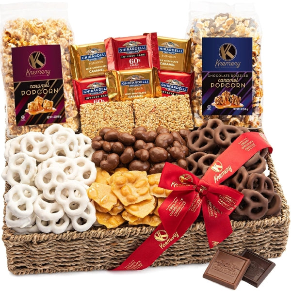 Snack gift baskets are practical best staff Christmas gifts, offering a variety of treats for Christmas gift ideas for employees.