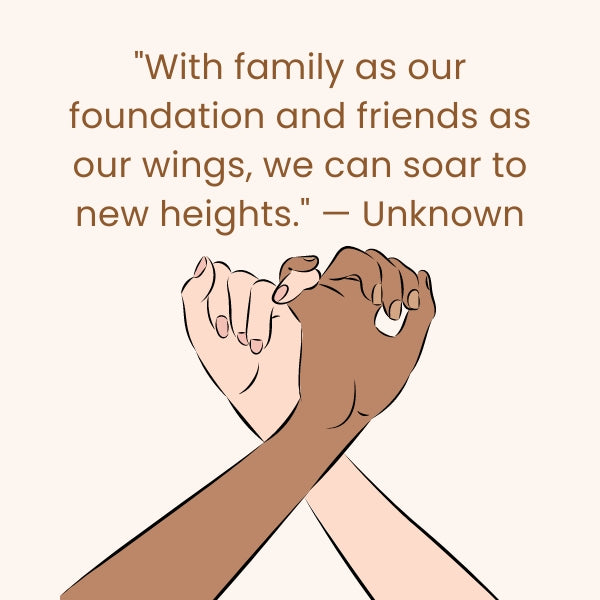 Illustration of diverse hands clasped together, symbolizing unity with friends are family quotes.