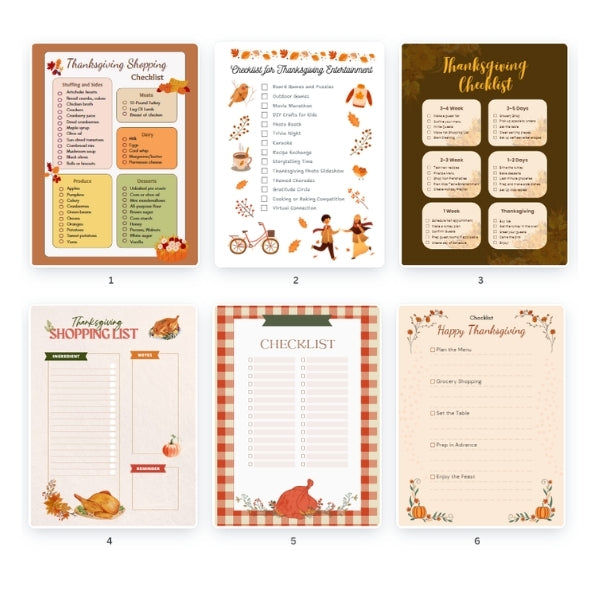 Thanksgiving checklist template preview with colored design and organized sections with the size 600 x 800.