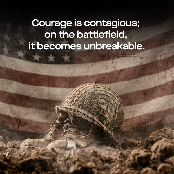 Military helmet on the ground with a Veterans Day Quote about battlefield courage.