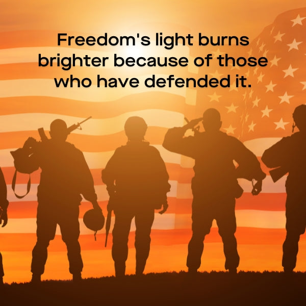 Silhouettes of soldiers with veterans day quote on defending freedom.