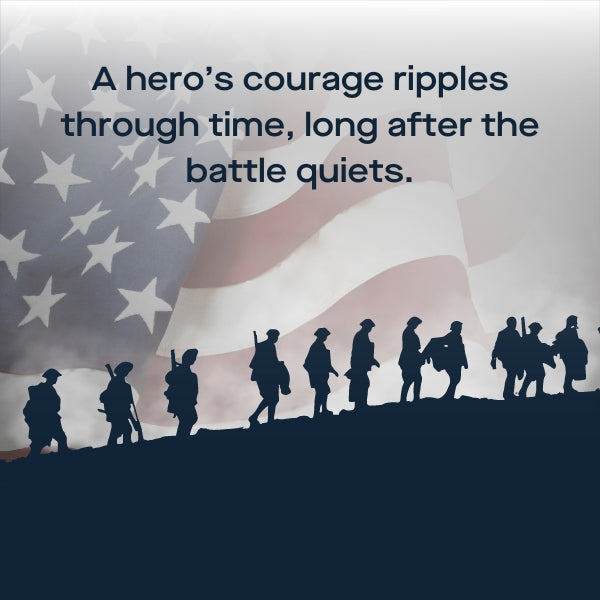 Veterans Day Quotes on a hero's courage post-battle against an American flag backdrop.