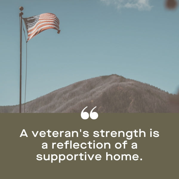 US flag over mountain with veteran quote on a veteran's strength at home.