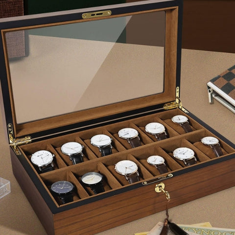 An exquisite wooden watch case filled with a collection of watches, a luxurious 40th birthday gift for timepiece collectors.