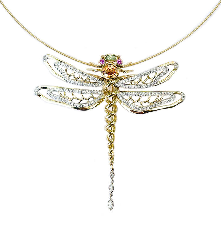 Dragonfly  Platinum and Yellow Gold, Diamond, Peridot, Pink Sapphire, Orange Sapphire Brooch by Diana Vincent