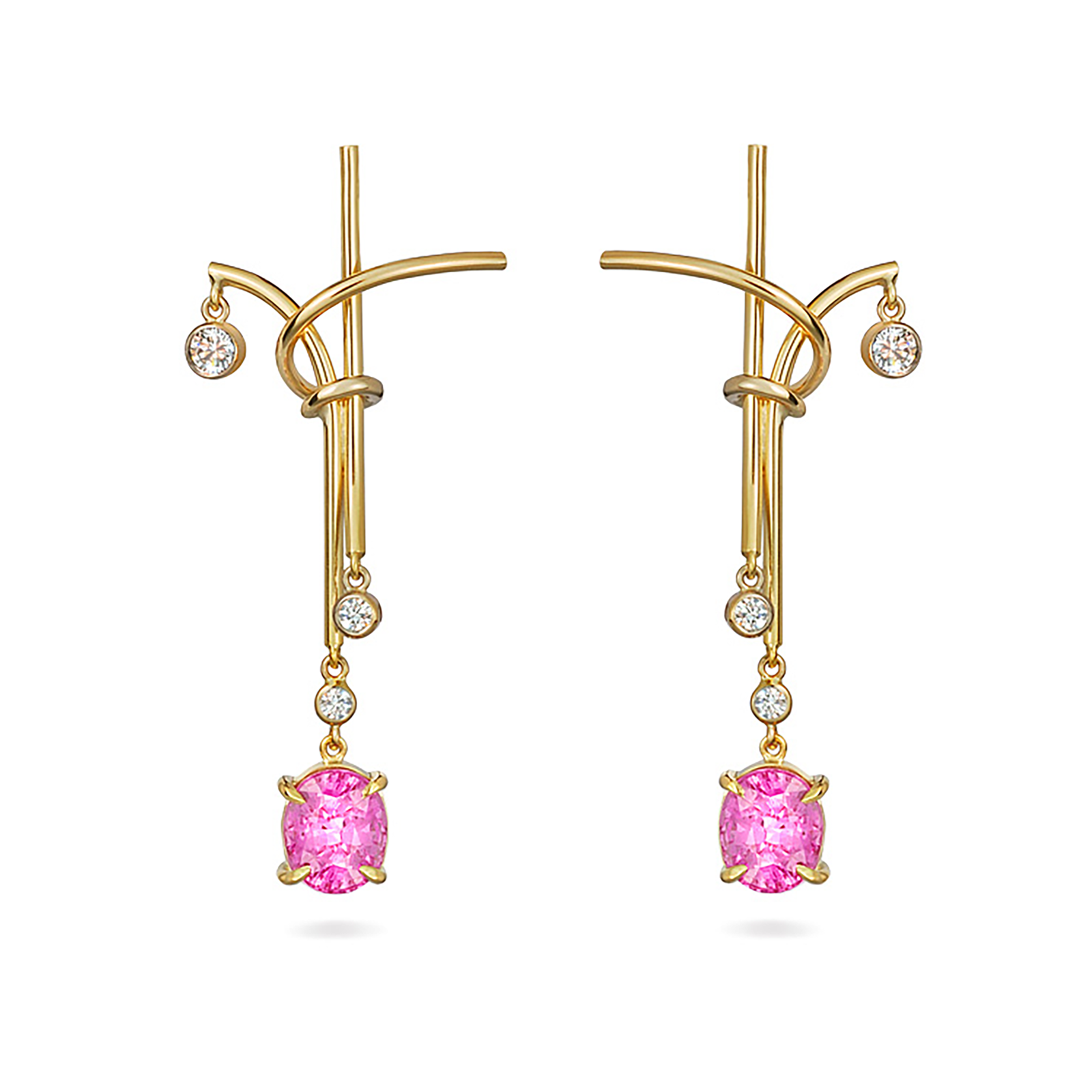 Pink Sapphire and Yellow Gold Splash Earrings