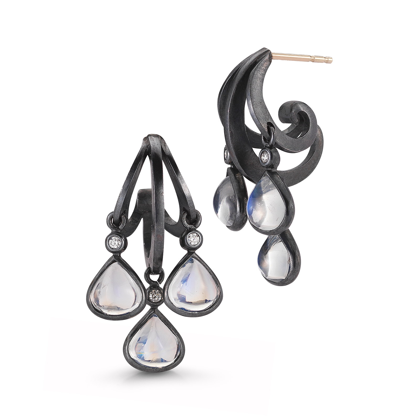 On the Edge Three Tier Moonstone and Diamond Drop Earrings