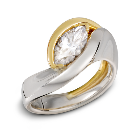1.37 CTW DEW Marquise Forever One Moissanite Step Cut Baguette Side Accent  Three Stone Engagement Ring in 14K Yellow Gold | Charles & Colvard
