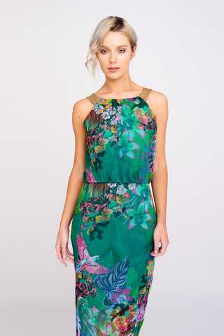 green tropical print maxi dress