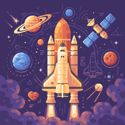 digital artwork containing planets, stars, rocket ship, and satellite, other space items