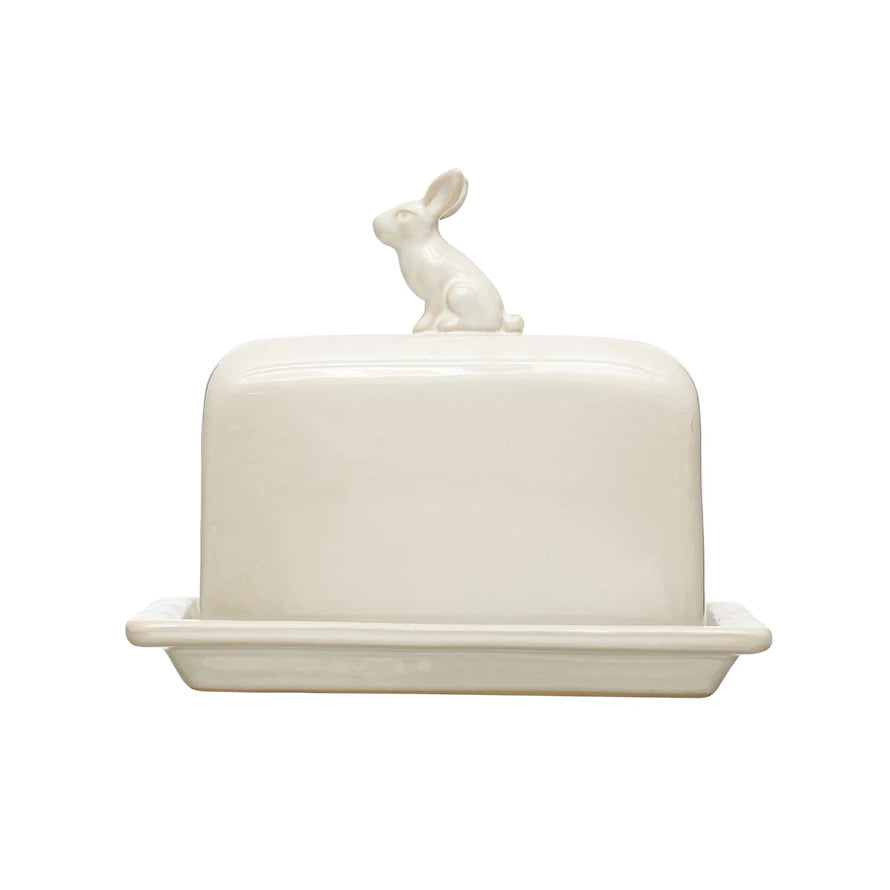 Stoneware Butter Dish w/ Rabbit Finial, White