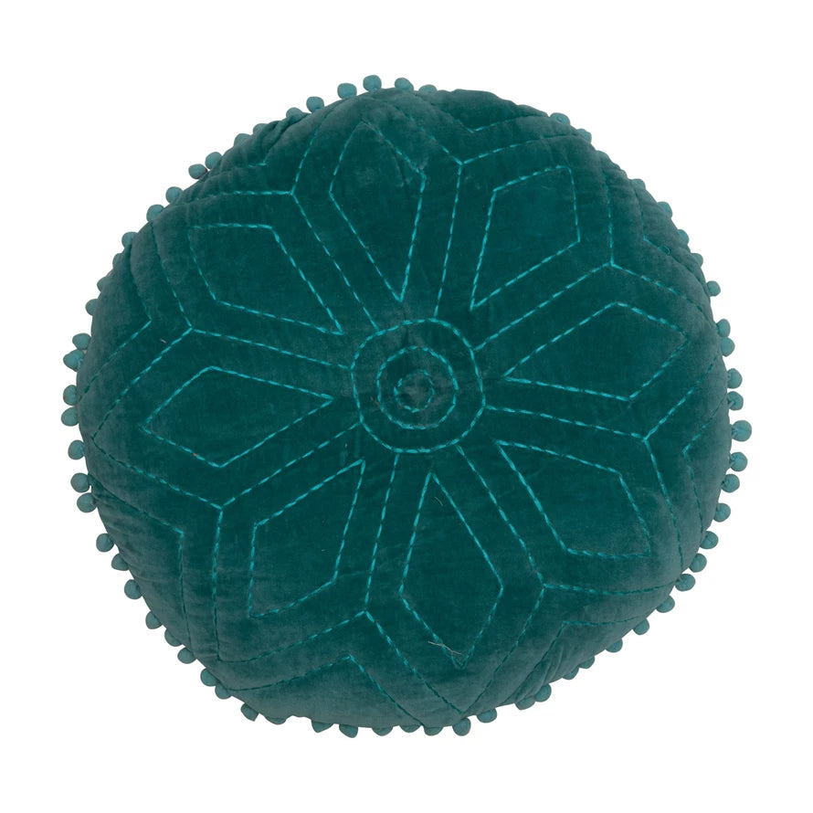 Velvet Pillow with Pom Pom Trim and Chambray Back