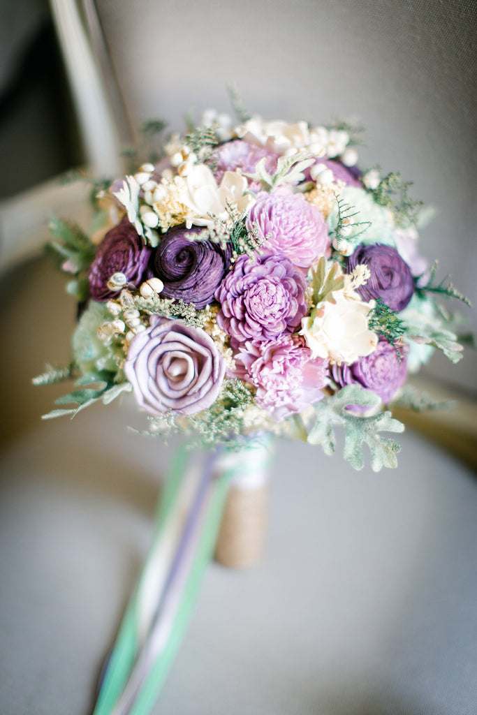 Bridal Bouquet Sola Flowers Dusty Miller Purple Wedding Flowers