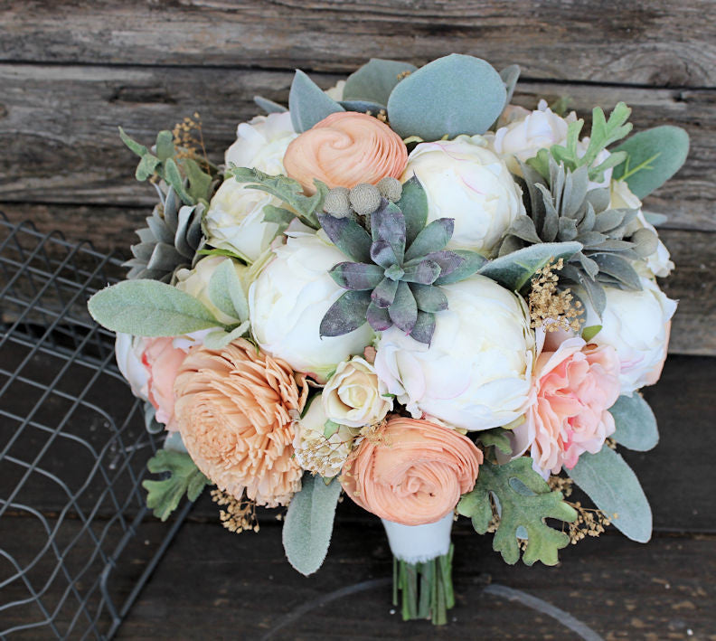 Bouquets Dusty Miller Silver Brunia Wedding Faux Succulents Bridesmaid Bouquet Silk Flowers Cottage Roses Peonies Sola Flowers Lambs Ear Weddings