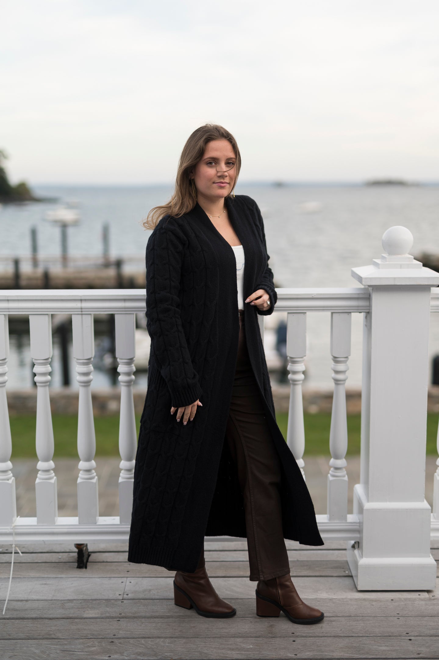 Long Cable Knit Cashmere Cardigan in Black by The Perfect Provenance Luxury Cashmere Collection