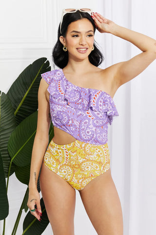 bold print swimsuit with asymetrical top