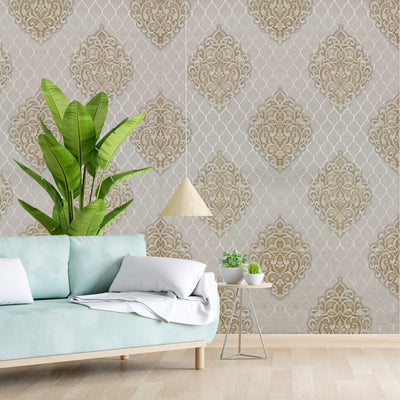 Eurotex Wallpaper For Living Room, Bed Room Walls, Damask Design, Non-adhesive, Wallcovering Roll (57 sq.ft Roll)