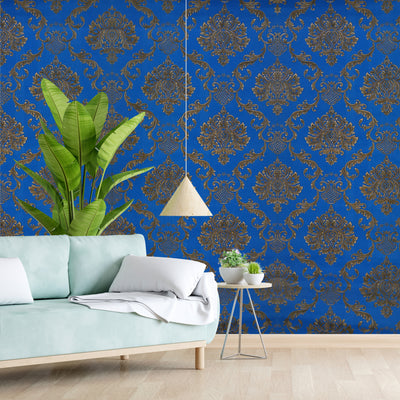 Eurotex Dark Blue Damask, Premium Wallpaper Design (Luxury Vinyl Coated, 57 sq.ft Roll)