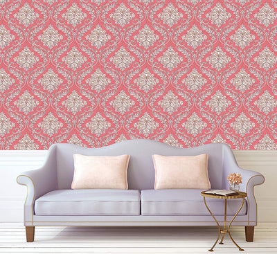 Eurotex Damask Design, Red, Peel and Stick Wallpaper, Self Adhesive Wall Stickers - (45cm x 300cm)