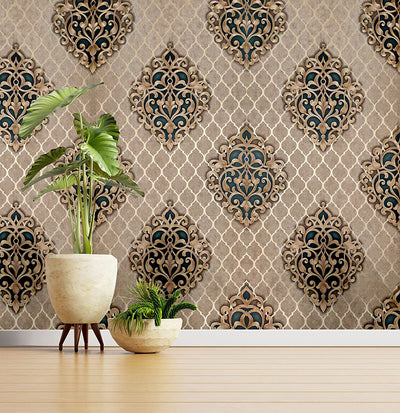 Eurotex Damask Design, Living Room Wallpaper, Almond Beige (Luxury Vinyl Coated, 57 sq.ft Roll)