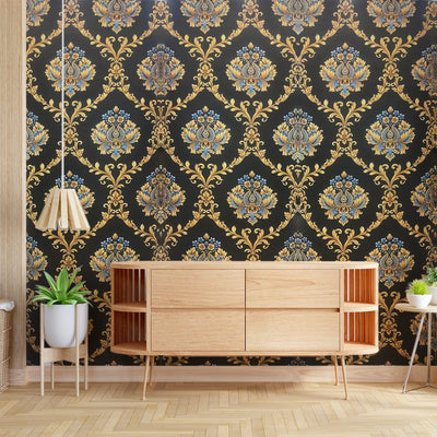 Eurotex Damask Design, Aesthetic Wallpaper For Bedroom, Black (Luxury Vinyl Coated, 57 sq.ft Roll)