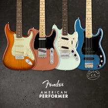 Fender American Performer with three electric guitars and one bass