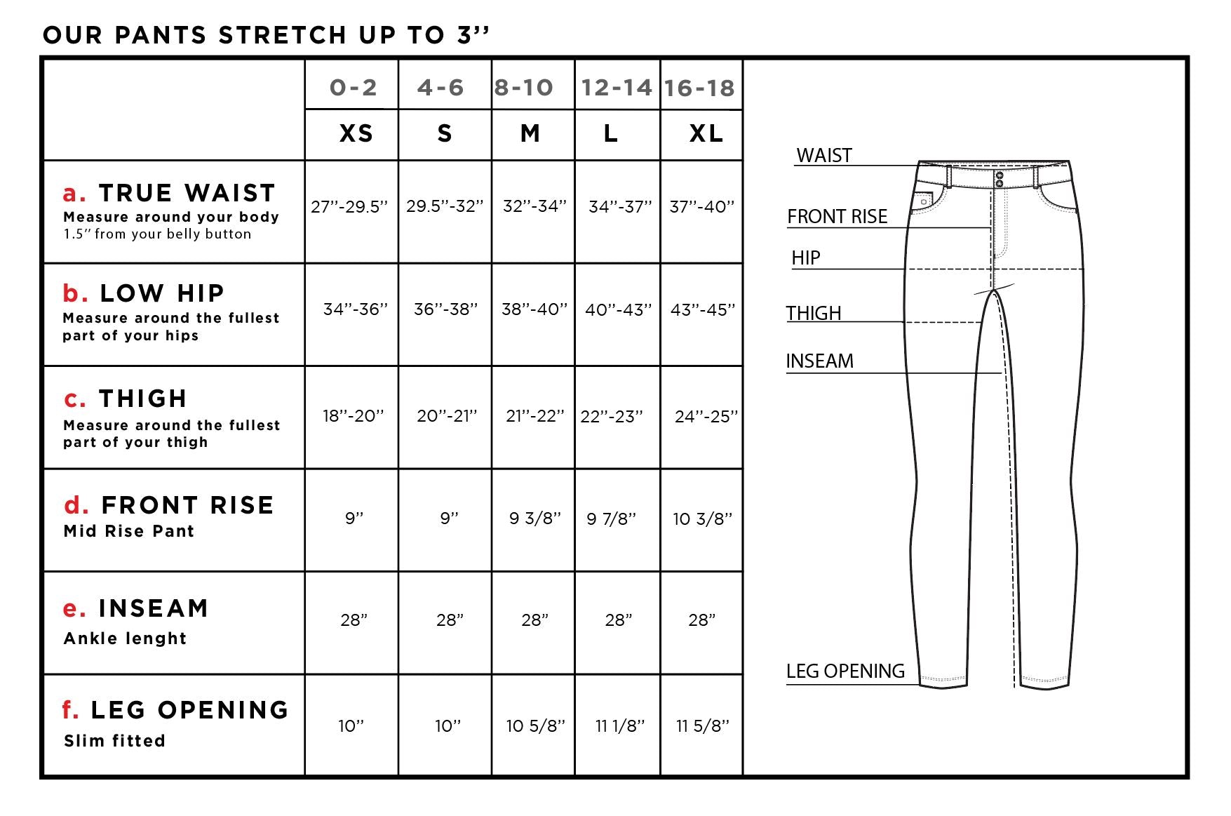 Luisa Skinny Jean Pant Size Chart