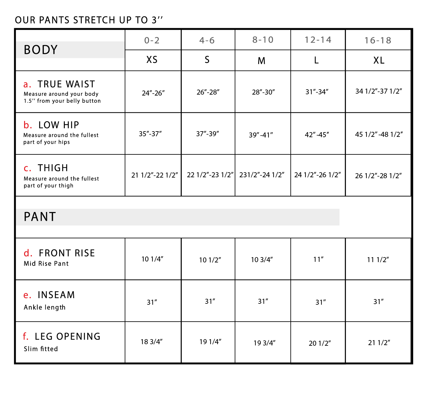 Moana Size chart