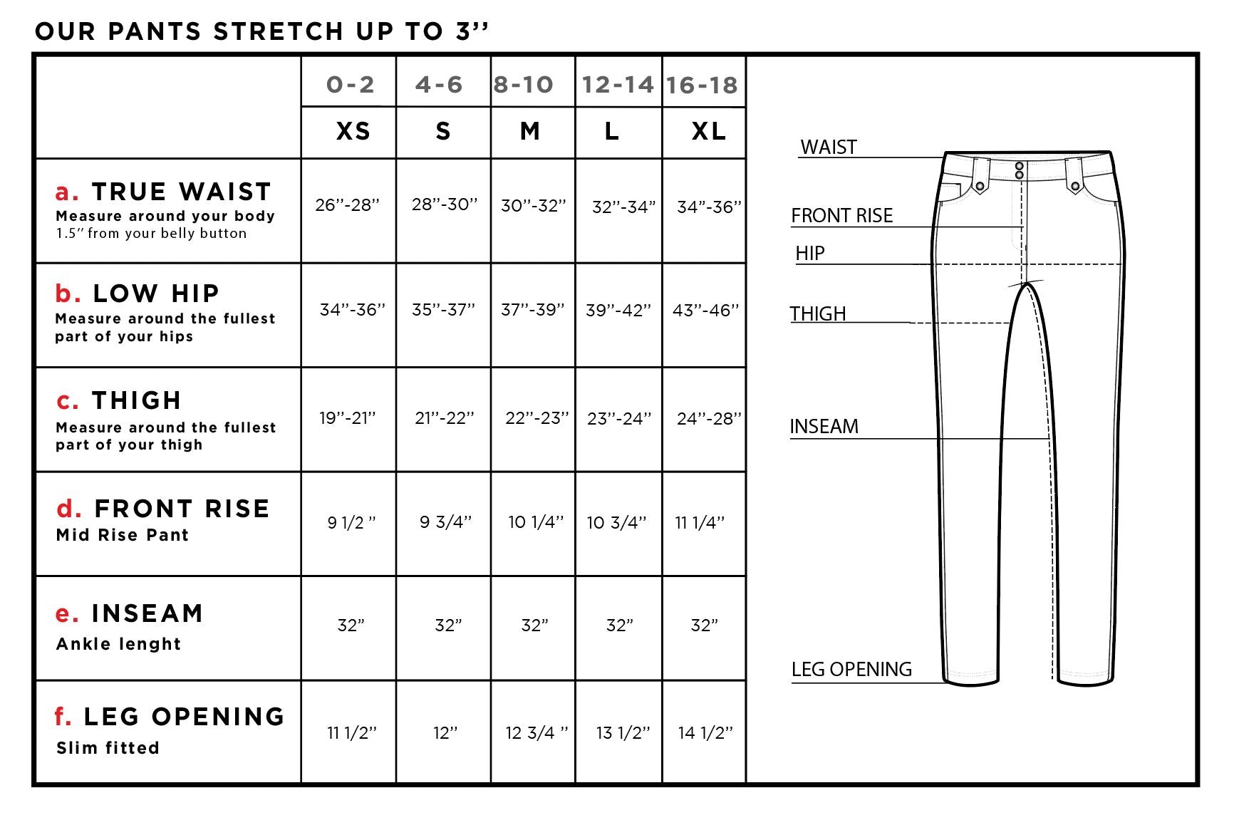 Skyler Travel Pant Size Chart