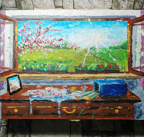 oil painting using smart arts march box.  A scene of an open window with a base knocked over.