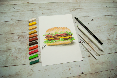 realistic drawing of a cheeseburger made with soft chalk pastels