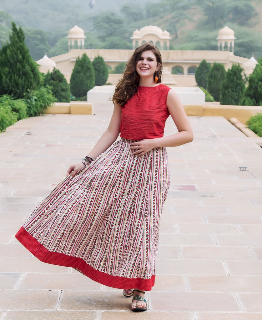 Red Indowestern Crop Top with High Waist Pants and Printed Jacket