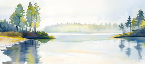 watercolor image of a lakeside with trees and shoreline