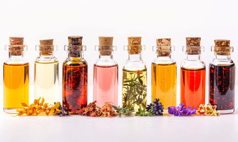 different colors of fragrance oils in glass bottles