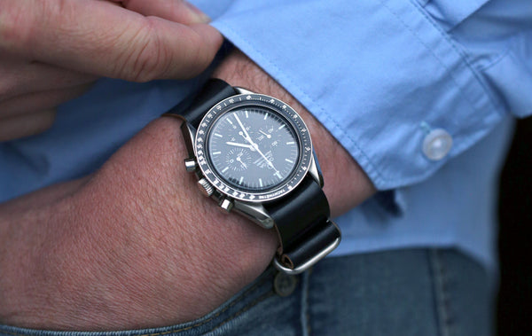 handmade horween shell cordovan watch band on an omega speedmaster pro