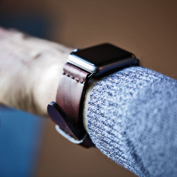 handmade leather watch band on an apple watch