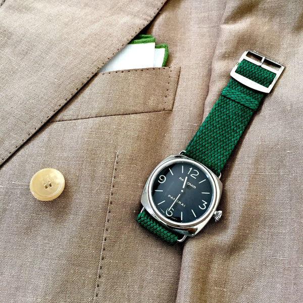 panerai radiomir on a green perlon watch strap