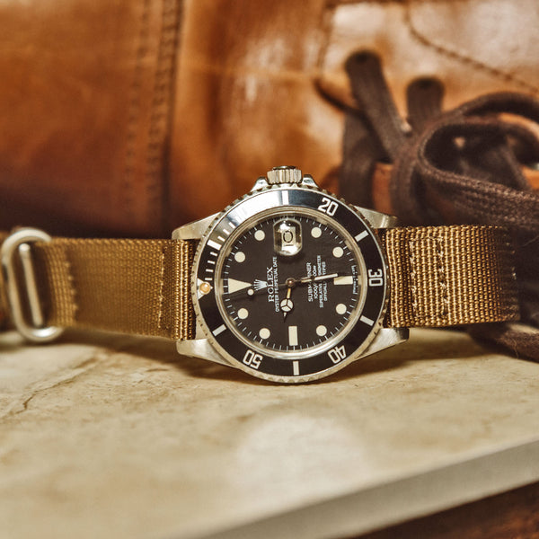 two piece nylon watch band on a rolex submariner