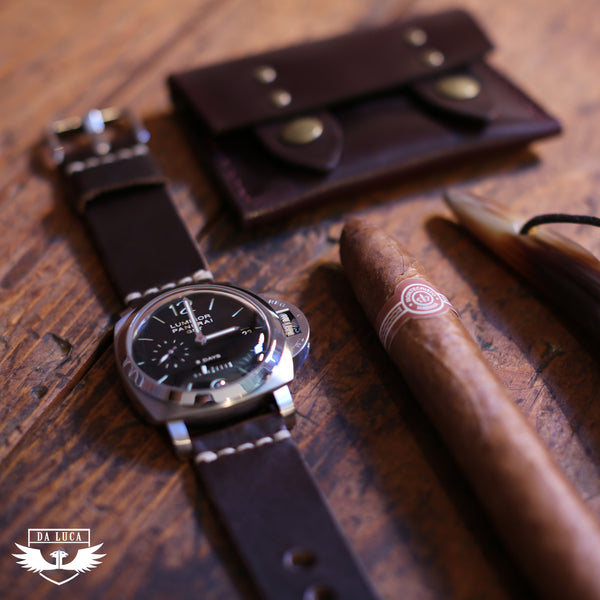 brown chromexcel watch band on a panerai 233 with cigar and snap wallet