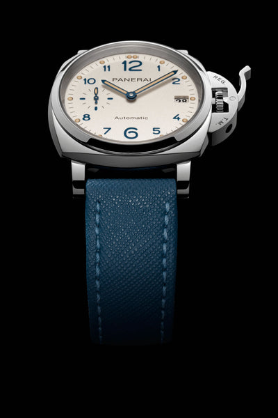 panerai luminor due watch with white dial and blue watch strap