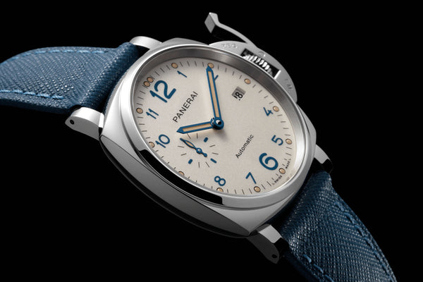 panerai luminor due watch with white dial and blue watch strap